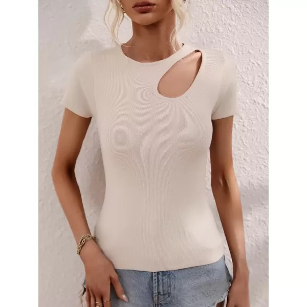 imagechouyatou CHOUYAOU Womens Spring Cut Out Short Sleeve Pullover Sweater Blouse Summer Sexy Rib Knit TShirtLight Khaki