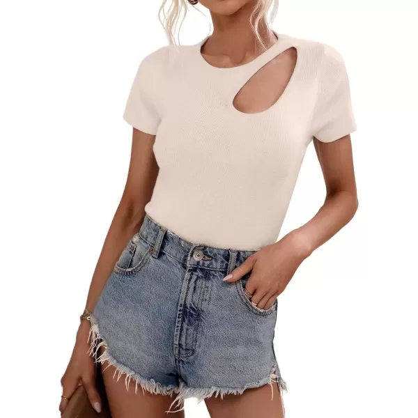 imagechouyatou CHOUYAOU Womens Spring Cut Out Short Sleeve Pullover Sweater Blouse Summer Sexy Rib Knit TShirtLight Khaki