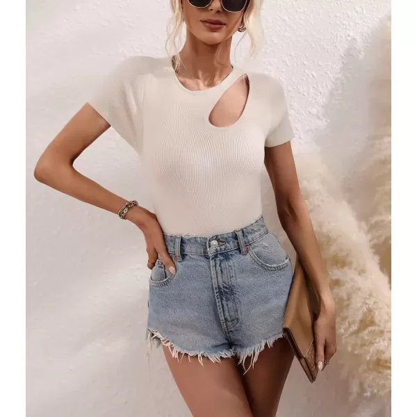 imagechouyatou CHOUYAOU Womens Spring Cut Out Short Sleeve Pullover Sweater Blouse Summer Sexy Rib Knit TShirtLight Khaki