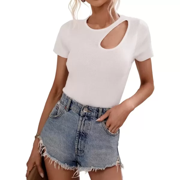 imagechouyatou CHOUYAOU Womens Spring Cut Out Short Sleeve Pullover Sweater Blouse Summer Sexy Rib Knit TShirtWhite