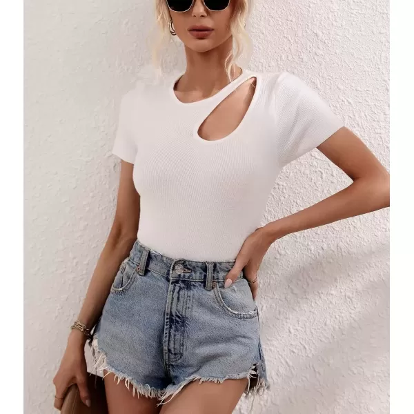 imagechouyatou CHOUYAOU Womens Spring Cut Out Short Sleeve Pullover Sweater Blouse Summer Sexy Rib Knit TShirtWhite