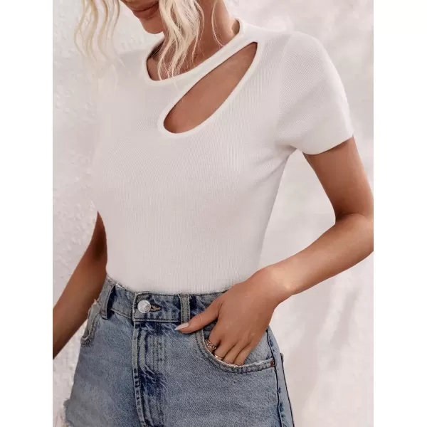 imagechouyatou CHOUYAOU Womens Spring Cut Out Short Sleeve Pullover Sweater Blouse Summer Sexy Rib Knit TShirtWhite