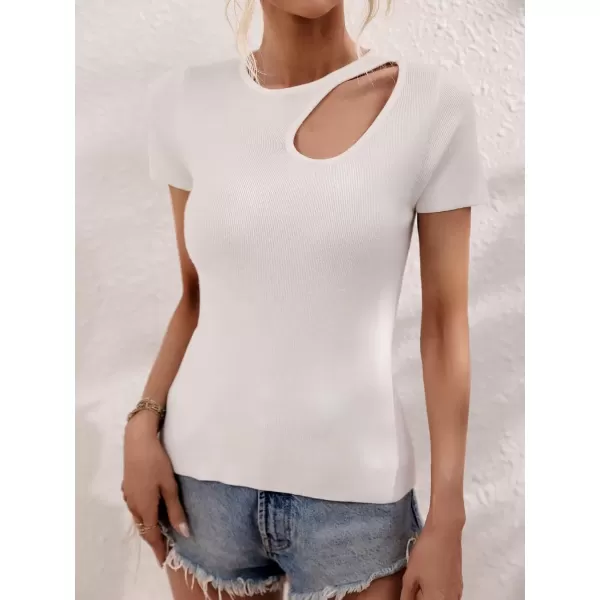 imagechouyatou CHOUYAOU Womens Spring Cut Out Short Sleeve Pullover Sweater Blouse Summer Sexy Rib Knit TShirtWhite
