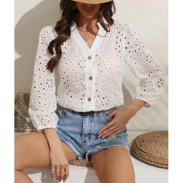 imagechouyatou Womens 2024 Eyelet Lace Embroidery Button Down Shirts Lantern Puff Sleeve Boho Crochet Blouse Tops