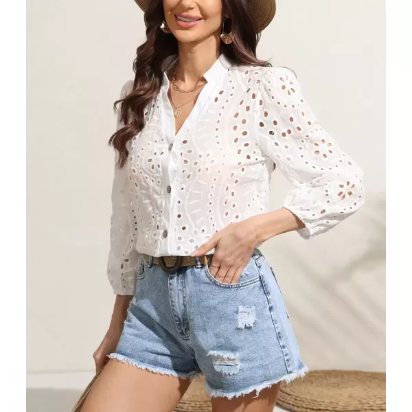 imagechouyatou Womens 2024 Eyelet Lace Embroidery Button Down Shirts Lantern Puff Sleeve Boho Crochet Blouse Tops