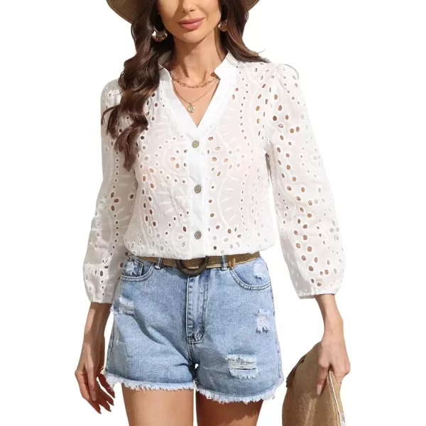 imagechouyatou Womens 2024 Eyelet Lace Embroidery Button Down Shirts Lantern Puff Sleeve Boho Crochet Blouse Tops