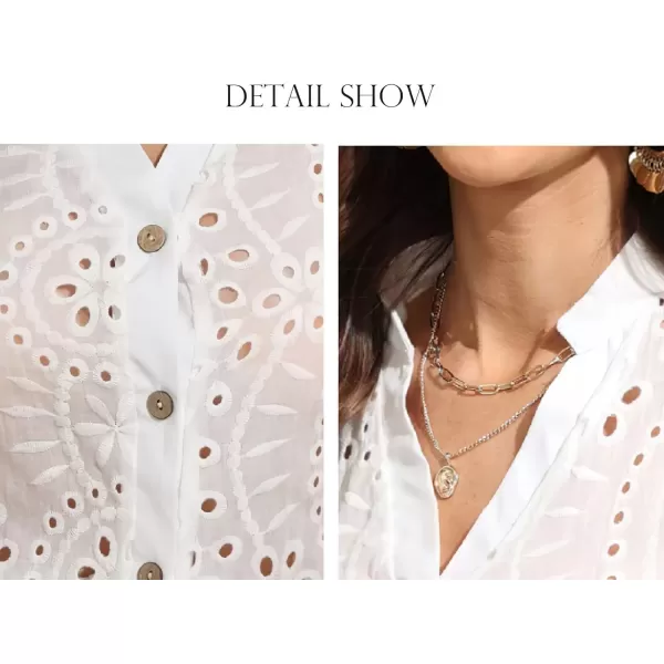 imagechouyatou Womens 2024 Eyelet Lace Embroidery Button Down Shirts Lantern Puff Sleeve Boho Crochet Blouse Tops