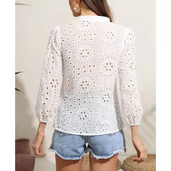 imagechouyatou Womens 2024 Eyelet Lace Embroidery Button Down Shirts Lantern Puff Sleeve Boho Crochet Blouse Tops