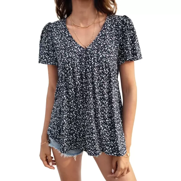 imagechouyatou Womens Boho Floral Babydoll Tops V Neck Petal Short Sleeve Blouse ShirtsBlack