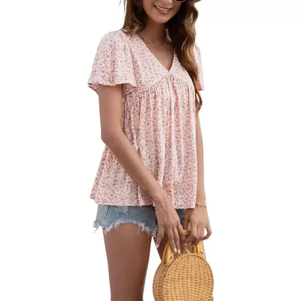 imagechouyatou Womens Boho Floral Babydoll Tops V Neck Petal Short Sleeve Blouse ShirtsPink