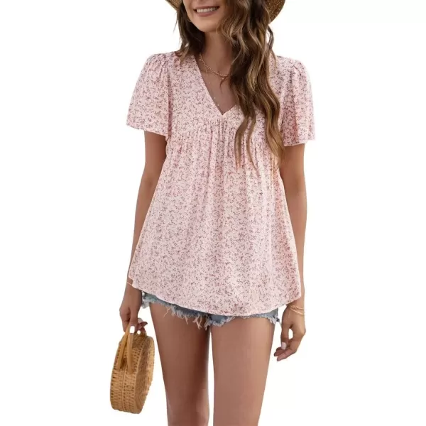 imagechouyatou Womens Boho Floral Babydoll Tops V Neck Petal Short Sleeve Blouse ShirtsPink
