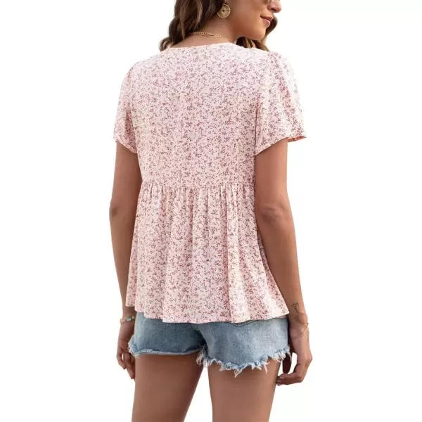 imagechouyatou Womens Boho Floral Babydoll Tops V Neck Petal Short Sleeve Blouse ShirtsPink