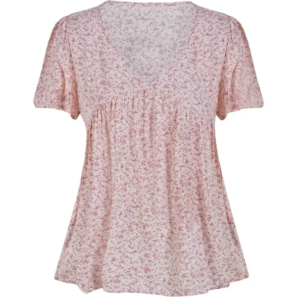imagechouyatou Womens Boho Floral Babydoll Tops V Neck Petal Short Sleeve Blouse ShirtsPink