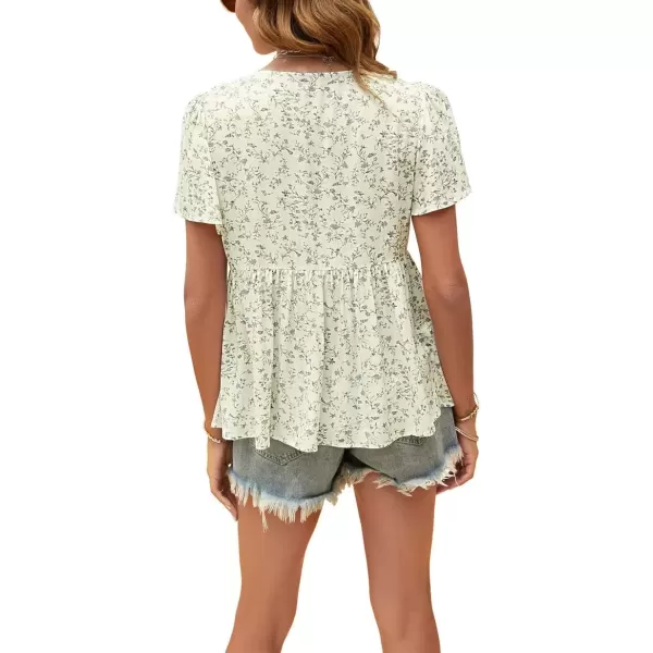 imagechouyatou Womens Boho Floral Babydoll Tops V Neck Petal Short Sleeve Blouse ShirtsWhite Green