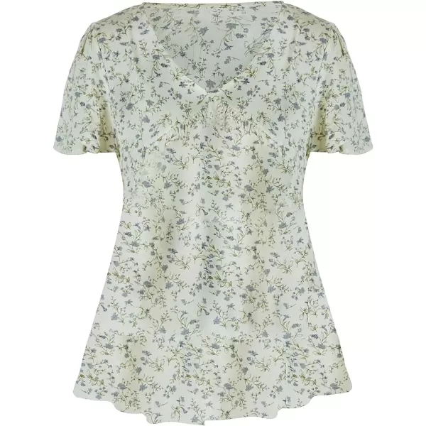 imagechouyatou Womens Boho Floral Babydoll Tops V Neck Petal Short Sleeve Blouse ShirtsWhite Green