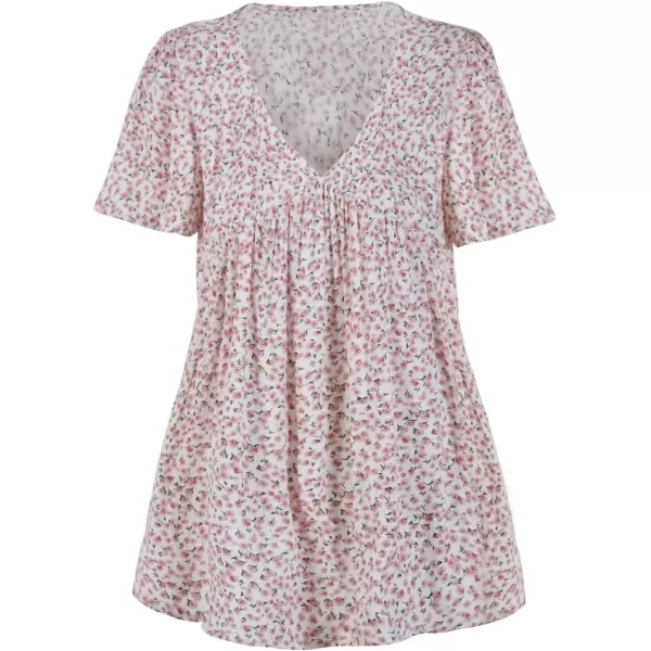 imagechouyatou Womens Boho Floral Babydoll Tops V Neck Petal Short Sleeve Blouse ShirtsWhite Red