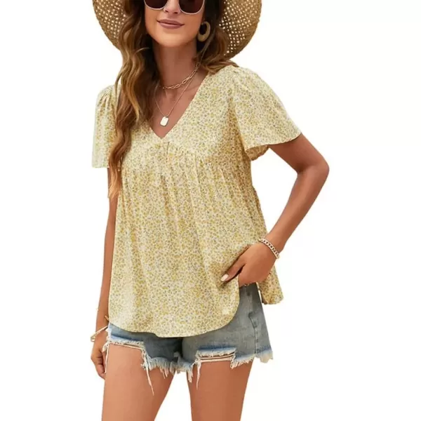 imagechouyatou Womens Boho Floral Babydoll Tops V Neck Petal Short Sleeve Blouse ShirtsWhite Yellow