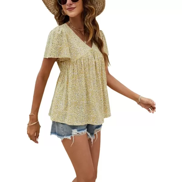 imagechouyatou Womens Boho Floral Babydoll Tops V Neck Petal Short Sleeve Blouse ShirtsWhite Yellow