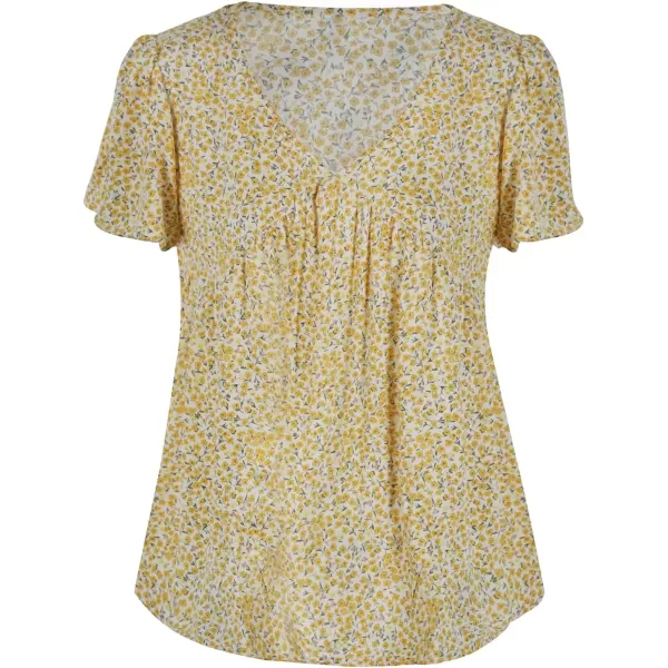 imagechouyatou Womens Boho Floral Babydoll Tops V Neck Petal Short Sleeve Blouse ShirtsWhite Yellow