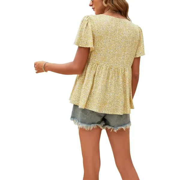 imagechouyatou Womens Boho Floral Babydoll Tops V Neck Petal Short Sleeve Blouse ShirtsWhite Yellow