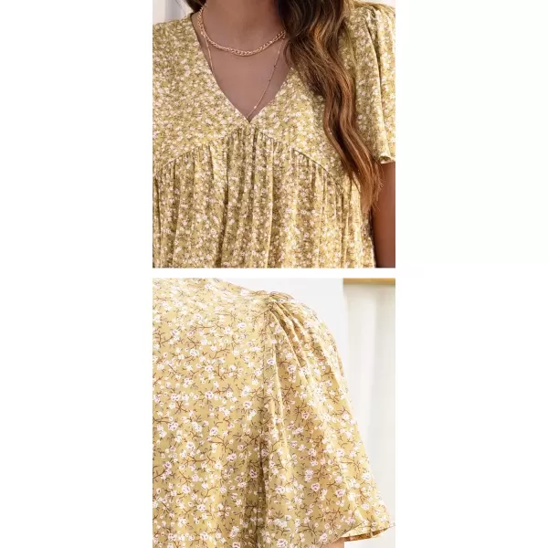 imagechouyatou Womens Boho Floral Babydoll Tops V Neck Petal Short Sleeve Blouse ShirtsYellow