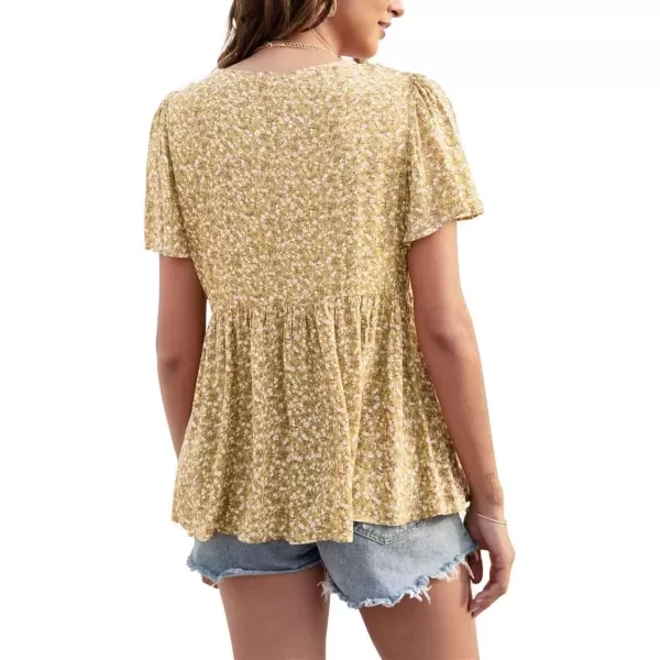 imagechouyatou Womens Boho Floral Babydoll Tops V Neck Petal Short Sleeve Blouse ShirtsYellow