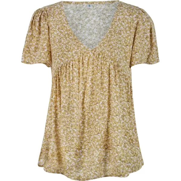 imagechouyatou Womens Boho Floral Babydoll Tops V Neck Petal Short Sleeve Blouse ShirtsYellow