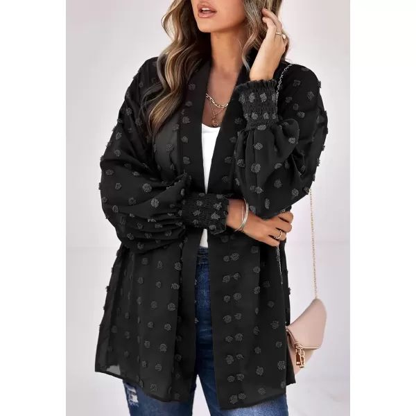imagechouyatou Womens Casual Bishop Sleeve OpenFront Flowing Chiffon Swiss Dots Tunic Tops BlouseBlack
