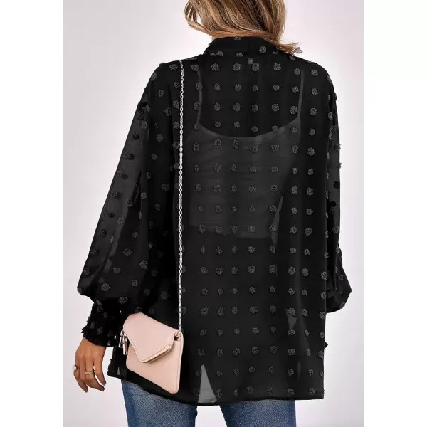 imagechouyatou Womens Casual Bishop Sleeve OpenFront Flowing Chiffon Swiss Dots Tunic Tops BlouseBlack