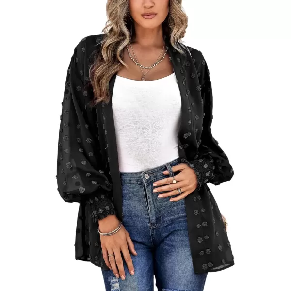 imagechouyatou Womens Casual Bishop Sleeve OpenFront Flowing Chiffon Swiss Dots Tunic Tops BlouseBlack