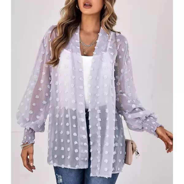 imagechouyatou Womens Casual Bishop Sleeve OpenFront Flowing Chiffon Swiss Dots Tunic Tops BlouseLight Purple