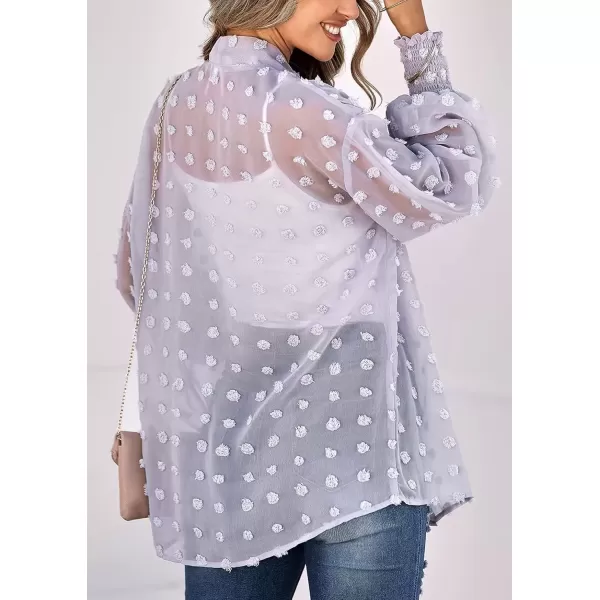 imagechouyatou Womens Casual Bishop Sleeve OpenFront Flowing Chiffon Swiss Dots Tunic Tops BlouseLight Purple