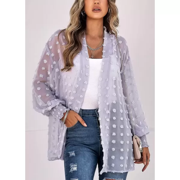 imagechouyatou Womens Casual Bishop Sleeve OpenFront Flowing Chiffon Swiss Dots Tunic Tops BlouseLight Purple