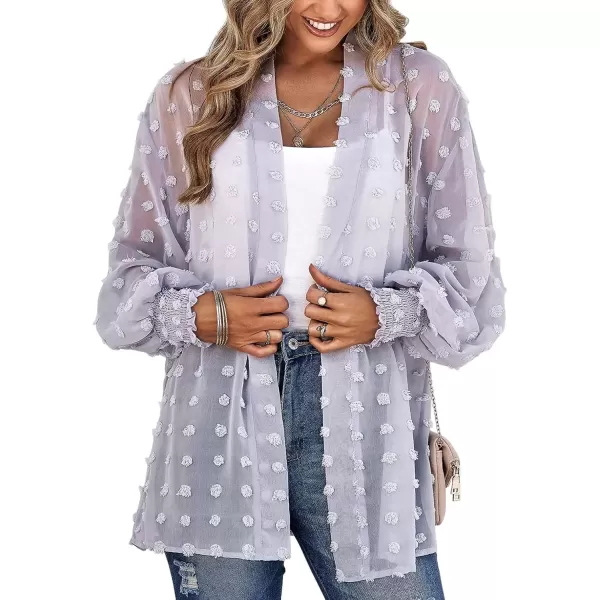 imagechouyatou Womens Casual Bishop Sleeve OpenFront Flowing Chiffon Swiss Dots Tunic Tops BlouseLight Purple