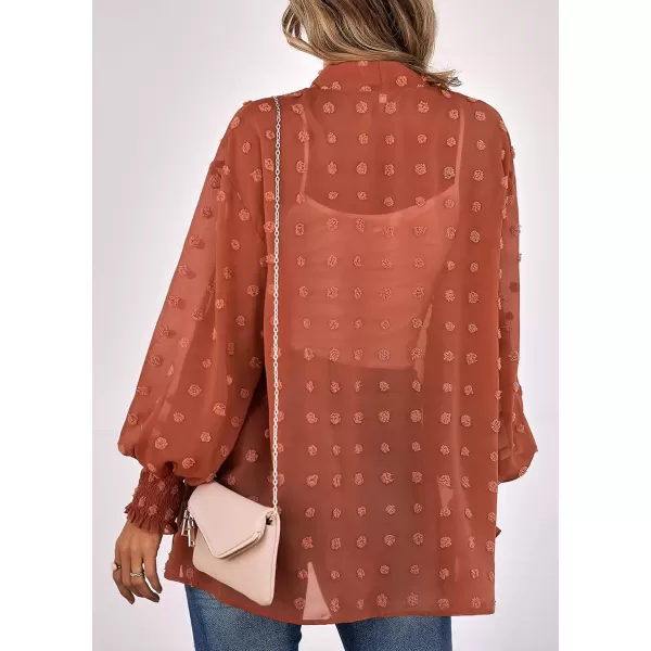 imagechouyatou Womens Casual Bishop Sleeve OpenFront Flowing Chiffon Swiss Dots Tunic Tops BlouseRusty Red