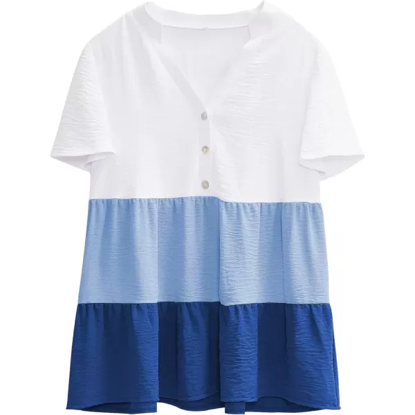 imagechouyatou Womens Casual Color Block Short Sleeve Button Up Babydoll Tiered Shirt Blouse TopsBlue