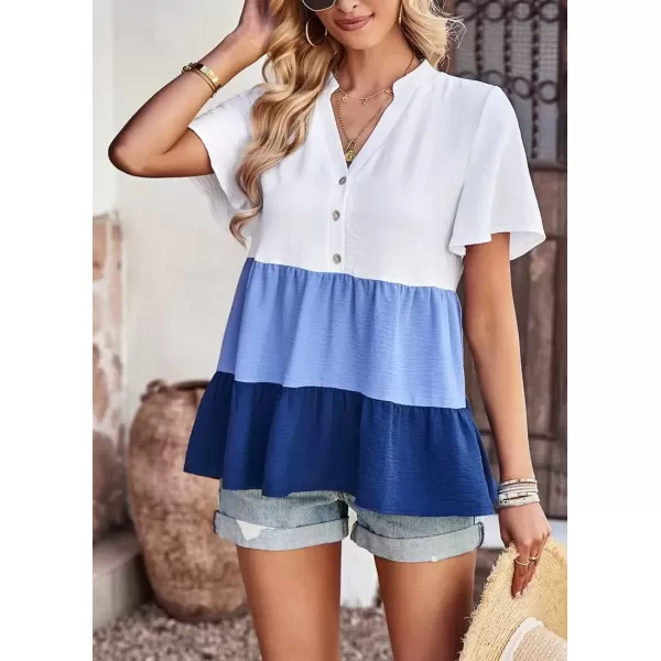 imagechouyatou Womens Casual Color Block Short Sleeve Button Up Babydoll Tiered Shirt Blouse TopsBlue