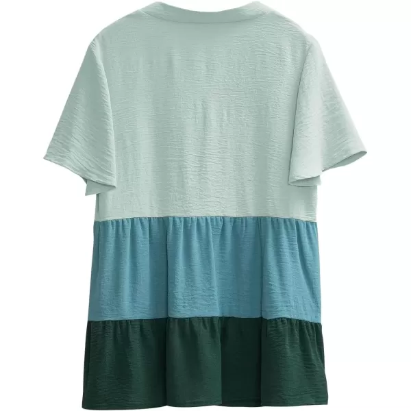 imagechouyatou Womens Casual Color Block Short Sleeve Button Up Babydoll Tiered Shirt Blouse TopsGreen