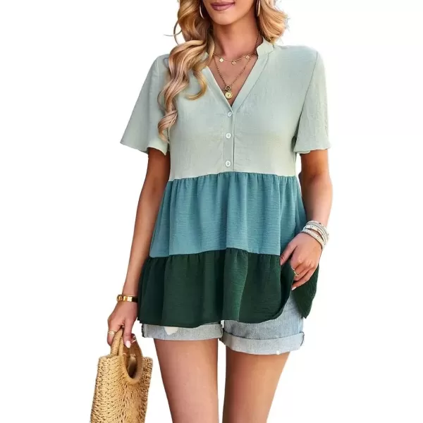 imagechouyatou Womens Casual Color Block Short Sleeve Button Up Babydoll Tiered Shirt Blouse TopsGreen