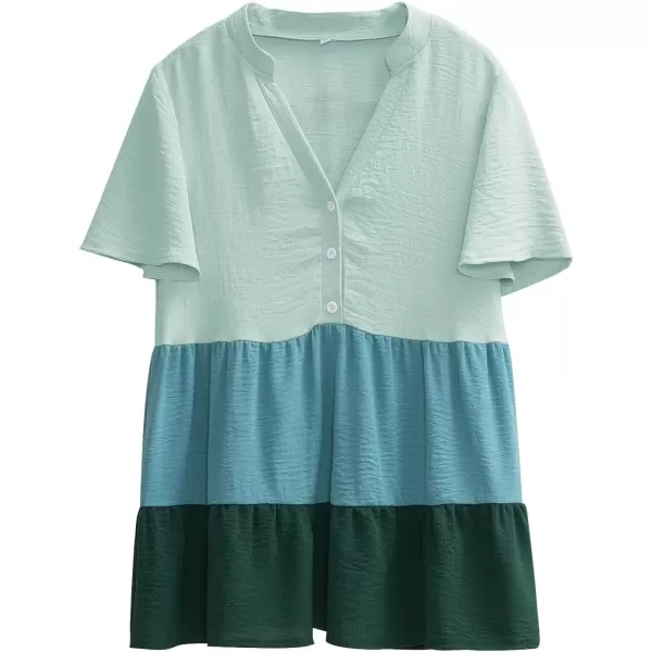 imagechouyatou Womens Casual Color Block Short Sleeve Button Up Babydoll Tiered Shirt Blouse TopsGreen