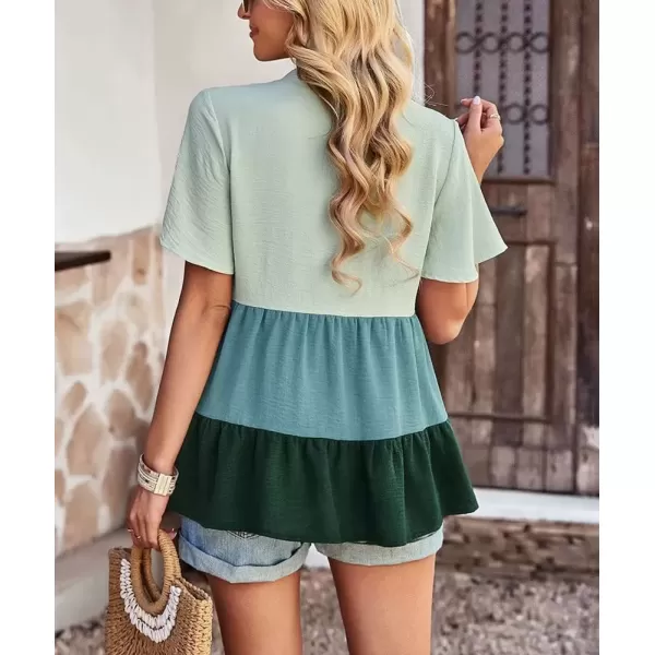 imagechouyatou Womens Casual Color Block Short Sleeve Button Up Babydoll Tiered Shirt Blouse TopsGreen
