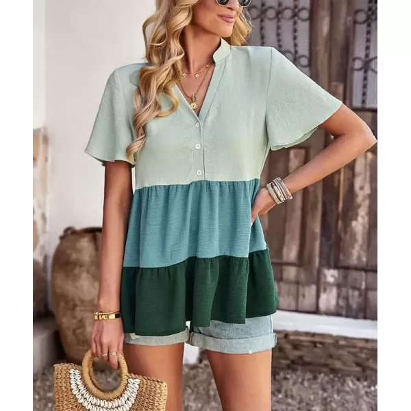 imagechouyatou Womens Casual Color Block Short Sleeve Button Up Babydoll Tiered Shirt Blouse TopsGreen
