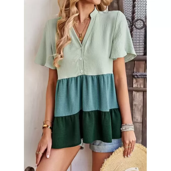 imagechouyatou Womens Casual Color Block Short Sleeve Button Up Babydoll Tiered Shirt Blouse TopsGreen