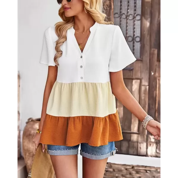 imagechouyatou Womens Casual Color Block Short Sleeve Button Up Babydoll Tiered Shirt Blouse TopsOrange