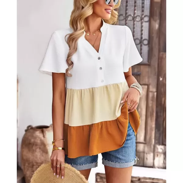imagechouyatou Womens Casual Color Block Short Sleeve Button Up Babydoll Tiered Shirt Blouse TopsOrange