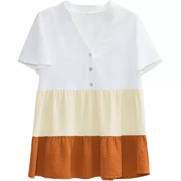 imagechouyatou Womens Casual Color Block Short Sleeve Button Up Babydoll Tiered Shirt Blouse TopsOrange