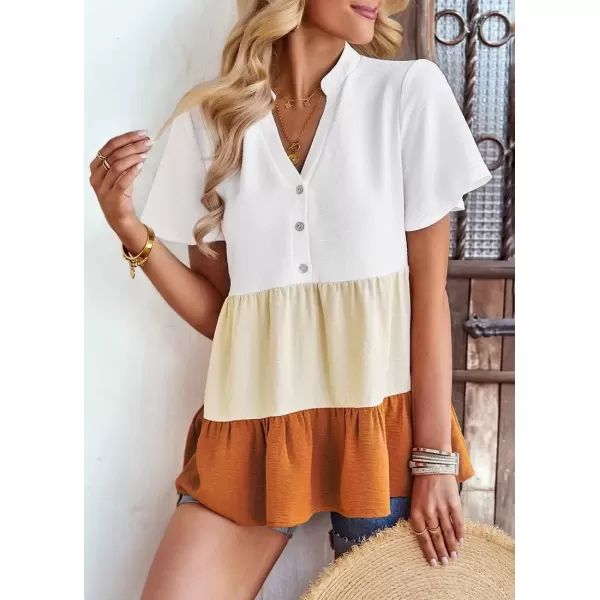 imagechouyatou Womens Casual Color Block Short Sleeve Button Up Babydoll Tiered Shirt Blouse TopsOrange