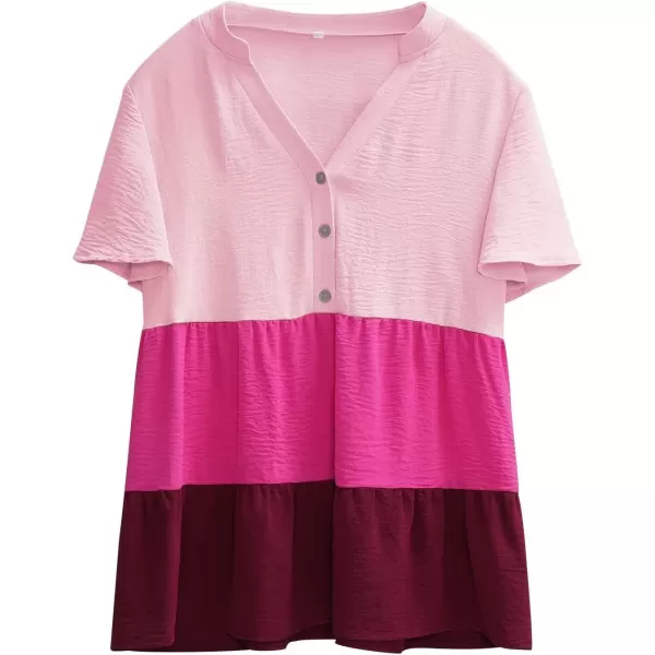imagechouyatou Womens Casual Color Block Short Sleeve Button Up Babydoll Tiered Shirt Blouse TopsPink