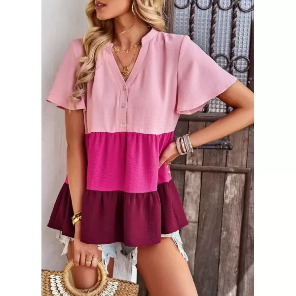 imagechouyatou Womens Casual Color Block Short Sleeve Button Up Babydoll Tiered Shirt Blouse TopsPink