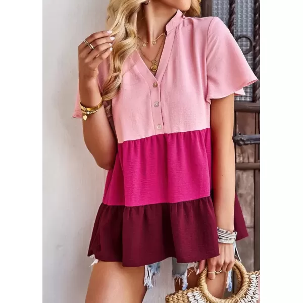 imagechouyatou Womens Casual Color Block Short Sleeve Button Up Babydoll Tiered Shirt Blouse TopsPink